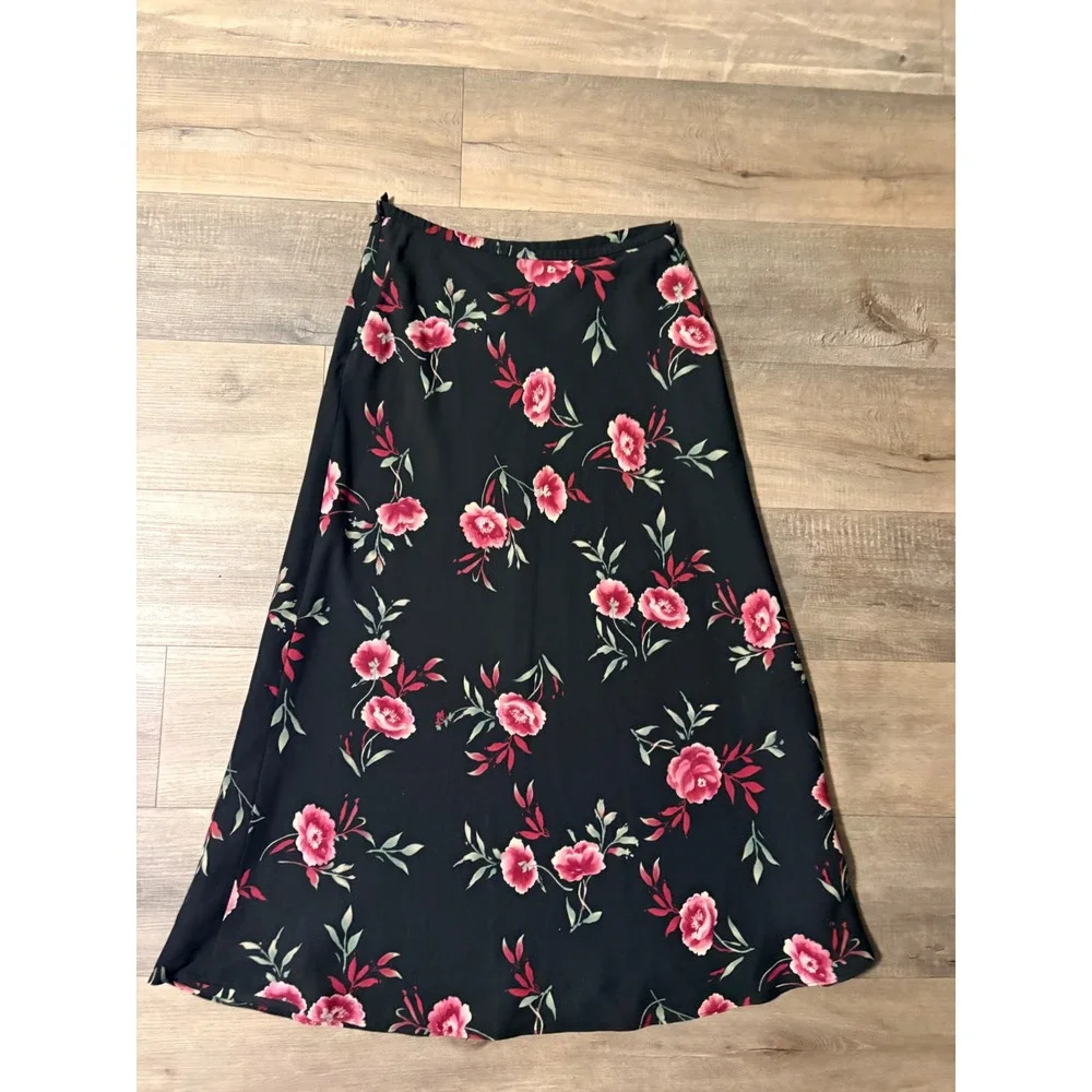 Laura Scott Black Floral Maxi Skirt Pink Red Flowers A-Line Lined Size 10